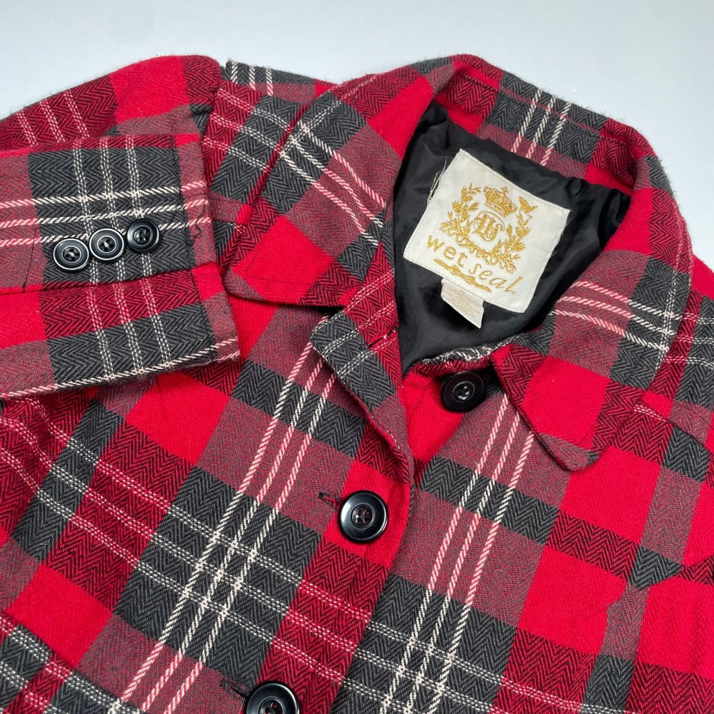 Wet Seal Red Plaid Y2K Babydoll Coat Herringbone Empire Waist Button Up Jacket M